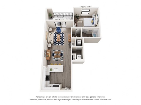 Floor plan for 1 bed, 1 bath, 747 sqft